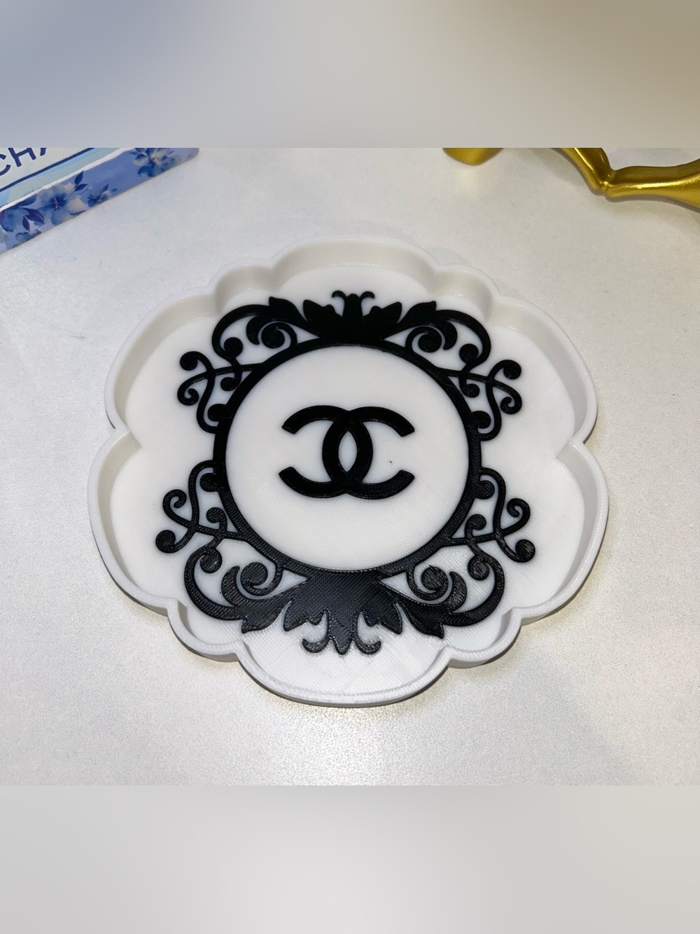 3D Printed CC Black and White Floral Motif Logo Tray